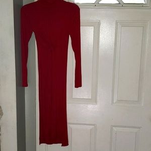 By Fashion Nova, Ribbed set high turtle neck side slits with front tie,Red, xs